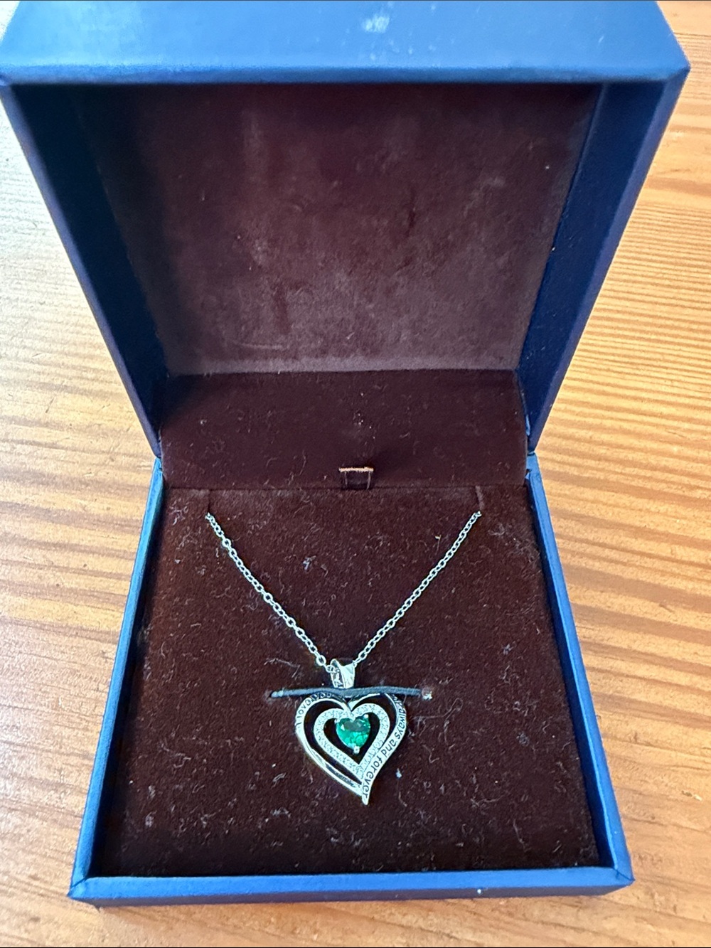 925 Silver Heart Pendant Necklace with Emerald Green and Rhinestone Accents, NIB